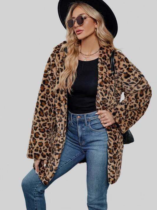 Fuzzy Leopard Hooded Long Sleeve Jacket nicholesgifts