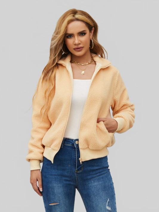 Zip Up Collared Neck Long Sleeve Jacket NicholesGifts