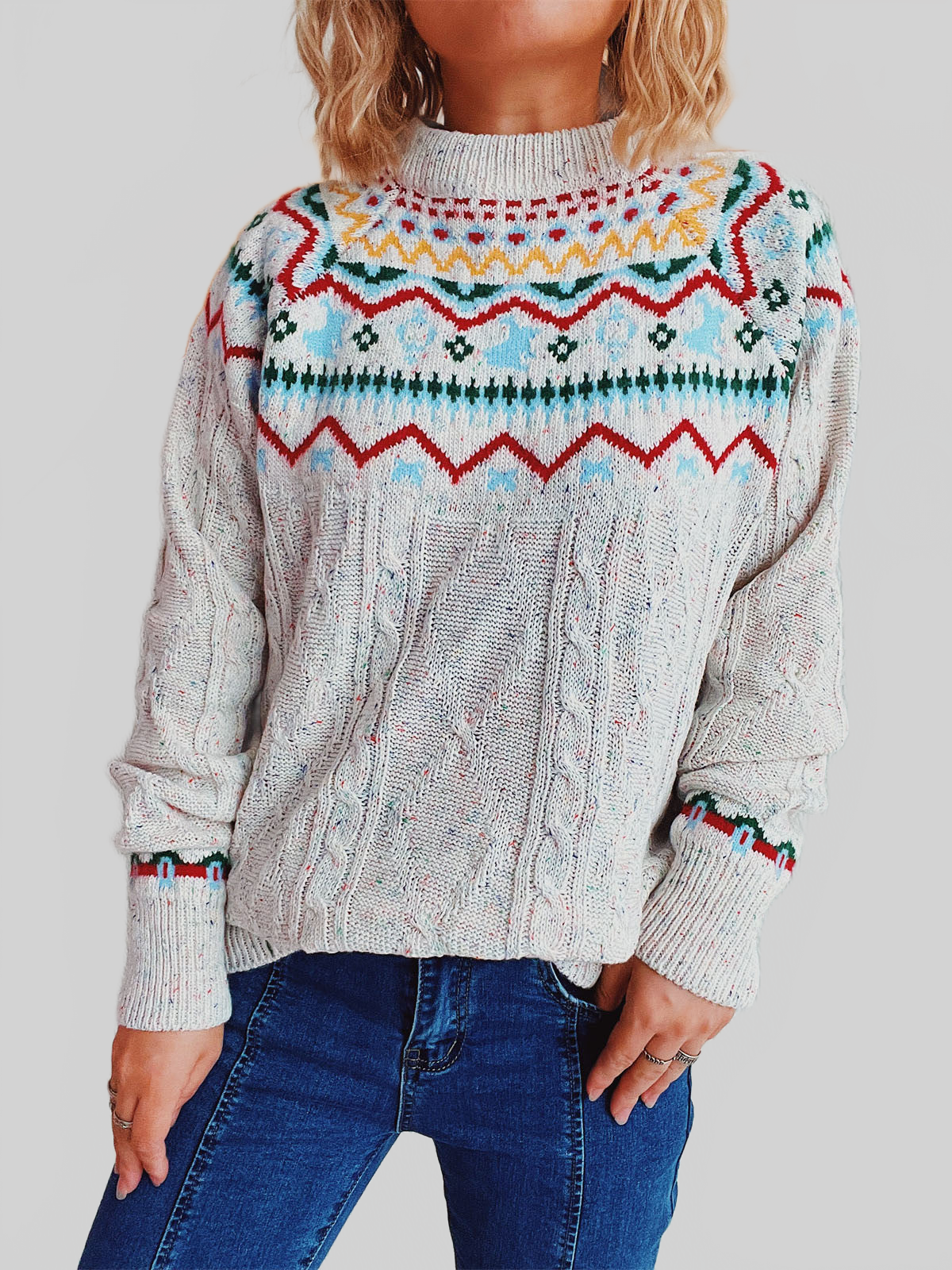 Women Cable-Knit Mock Neck Long Sleeve Sweater nicholesgifts