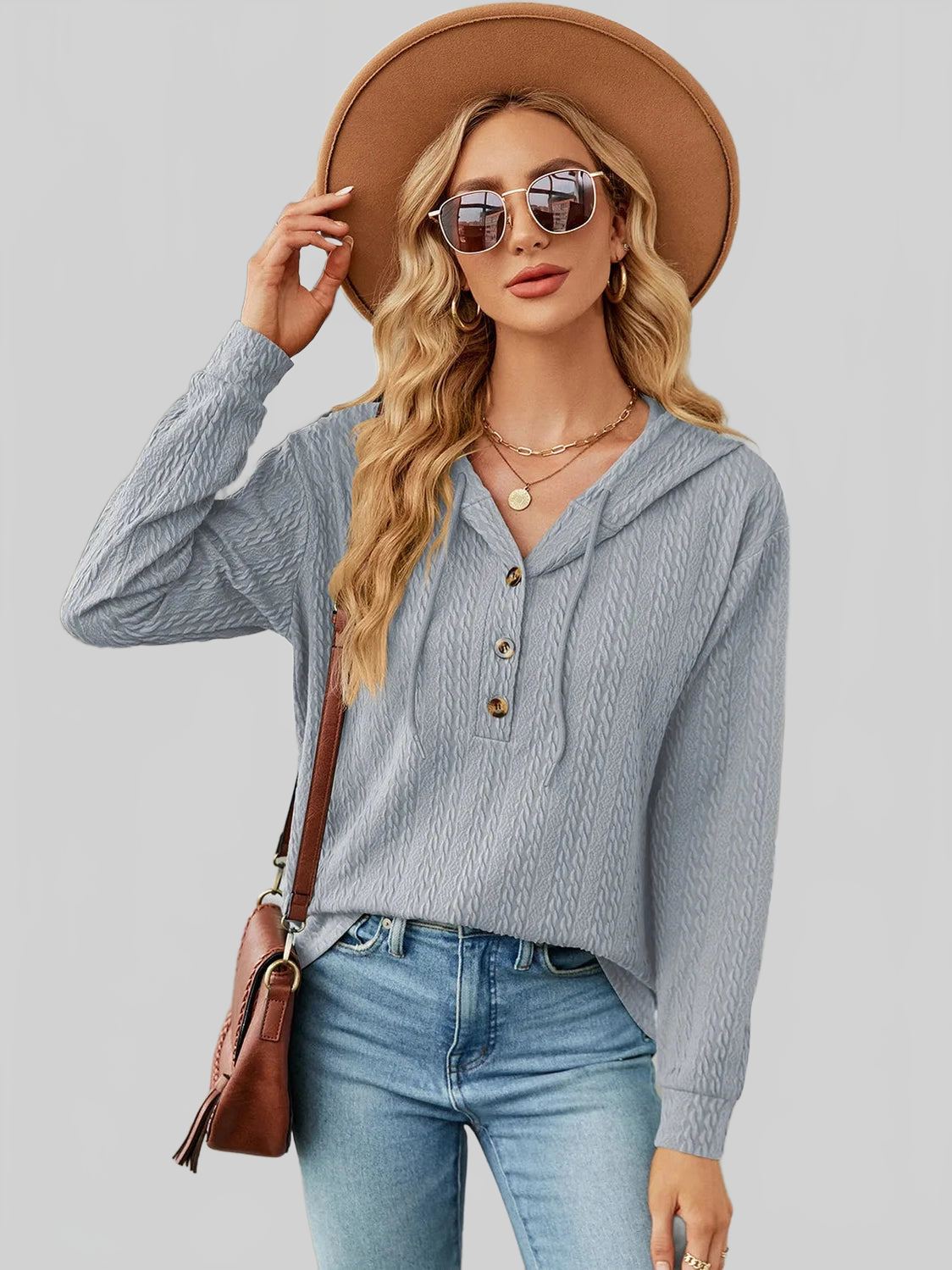 Drawstring Half Button Long Sleeve Hoodie nicholesgifts