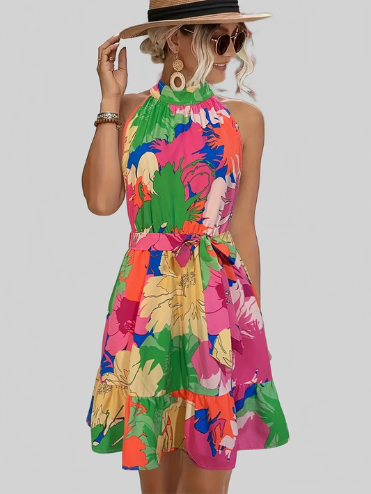 Tied Printed Mock Neck Sleeveless Dress nicholesgifts