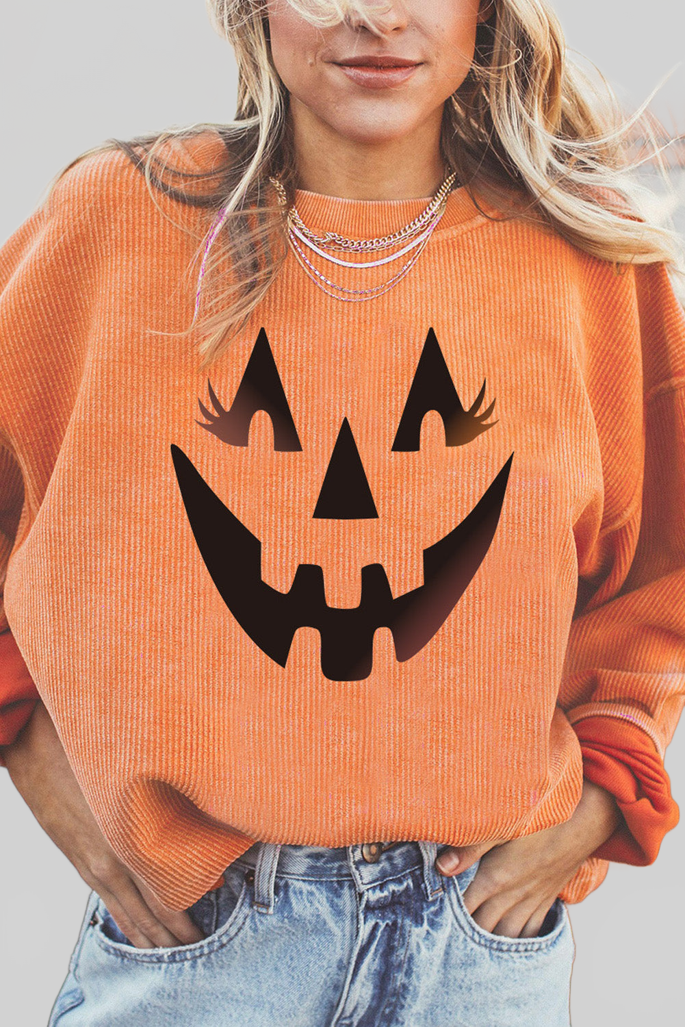 Women Round Neck Dropped Shoulder Jack-O'-Lantern Graphic Caramel Colored Sweatshirt nicholesgifts