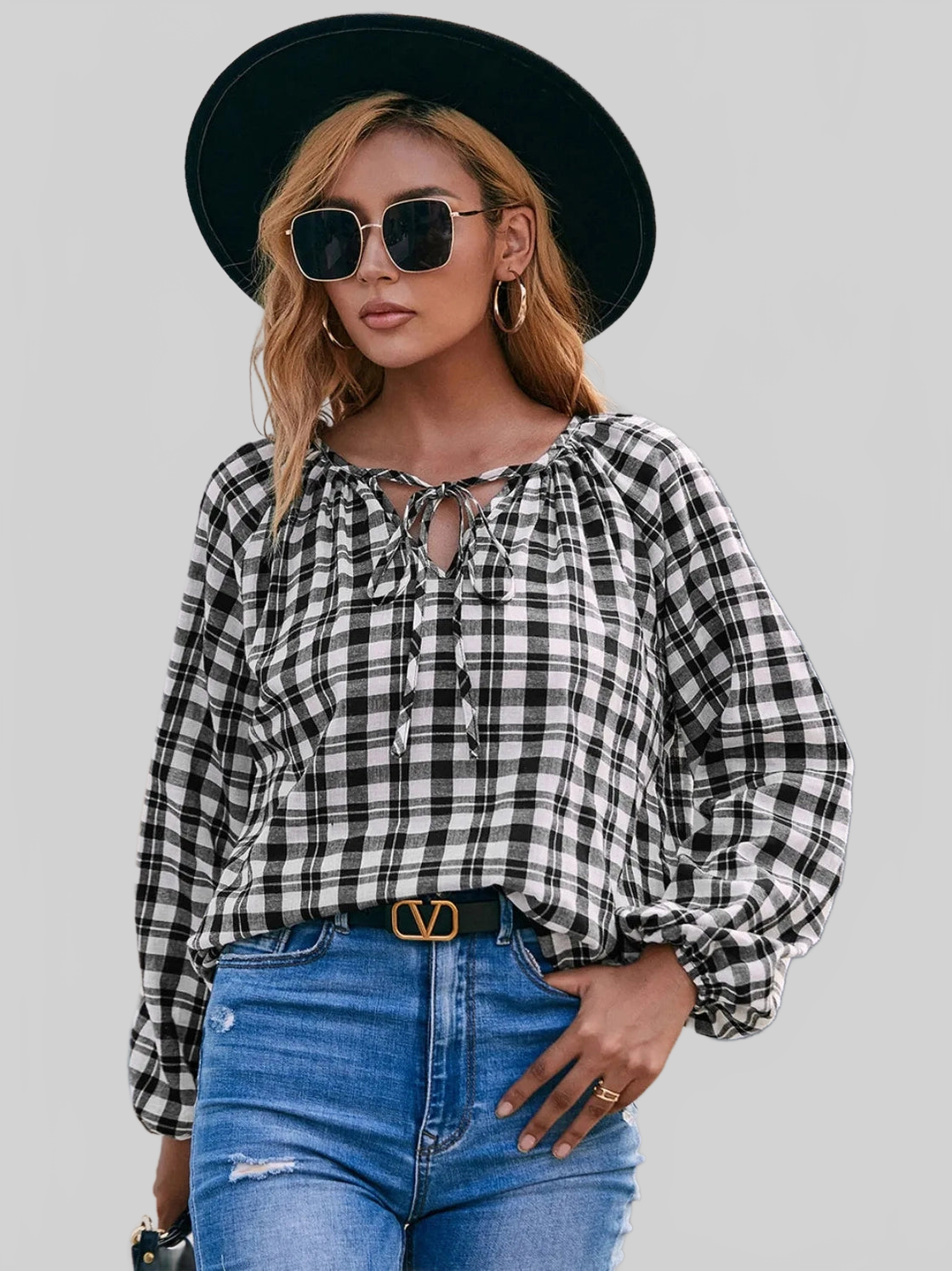 Ivy Lane Plaid Tie Neck Balloon Sleeve Blouse NicholesGifts
