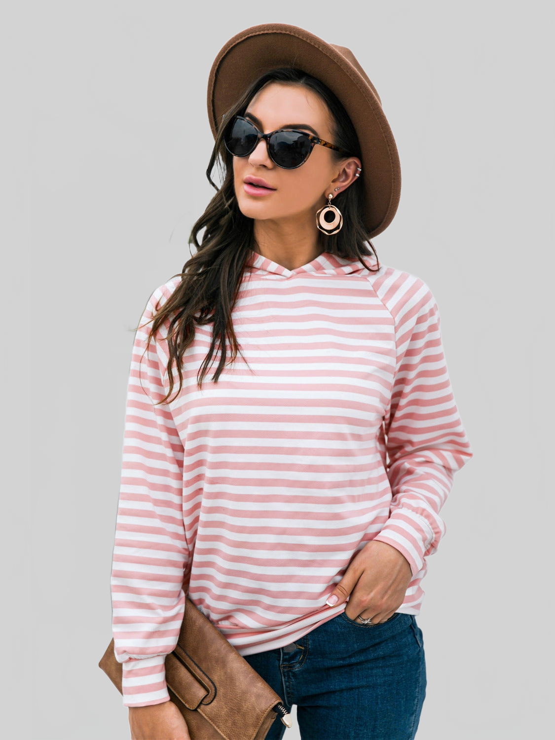 Women Horizontal Stripe Raglan Sleeve Hoodie NicholesGifts