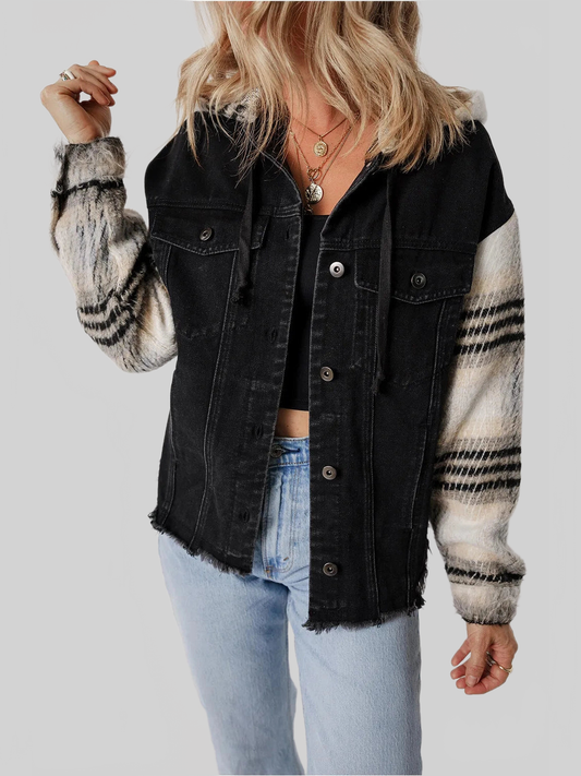 Drawstring Raw Hem Button Up Hooded Denim Jacket NicholesGifts