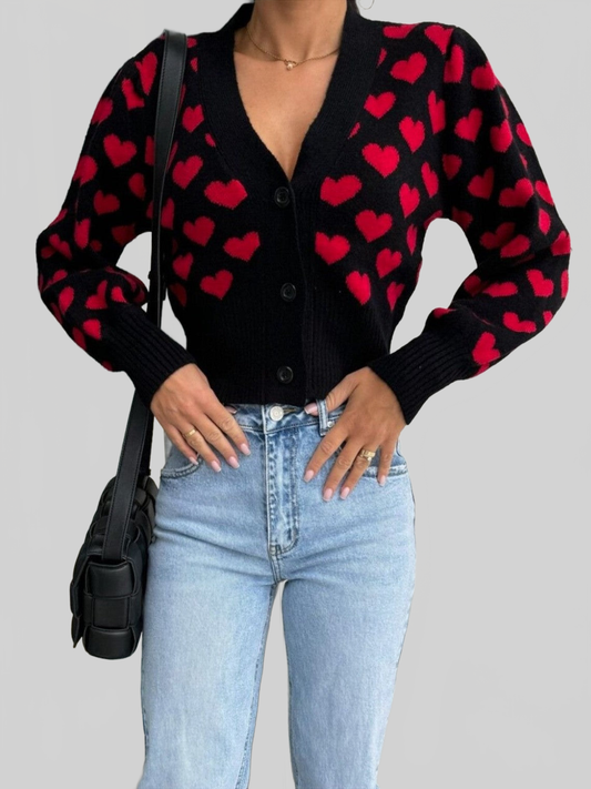 Women Valentine’s Day Heart V-Neck Cropped Cardigan nicholesgifts