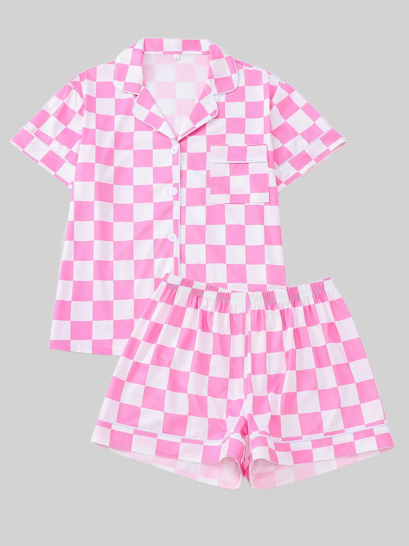 Checkered Print Button Up Top and Shorts Lounge Set nicholesgifts