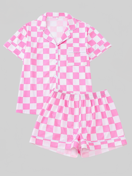 Checkered Print Button Up Top and Shorts Lounge Set nicholesgifts