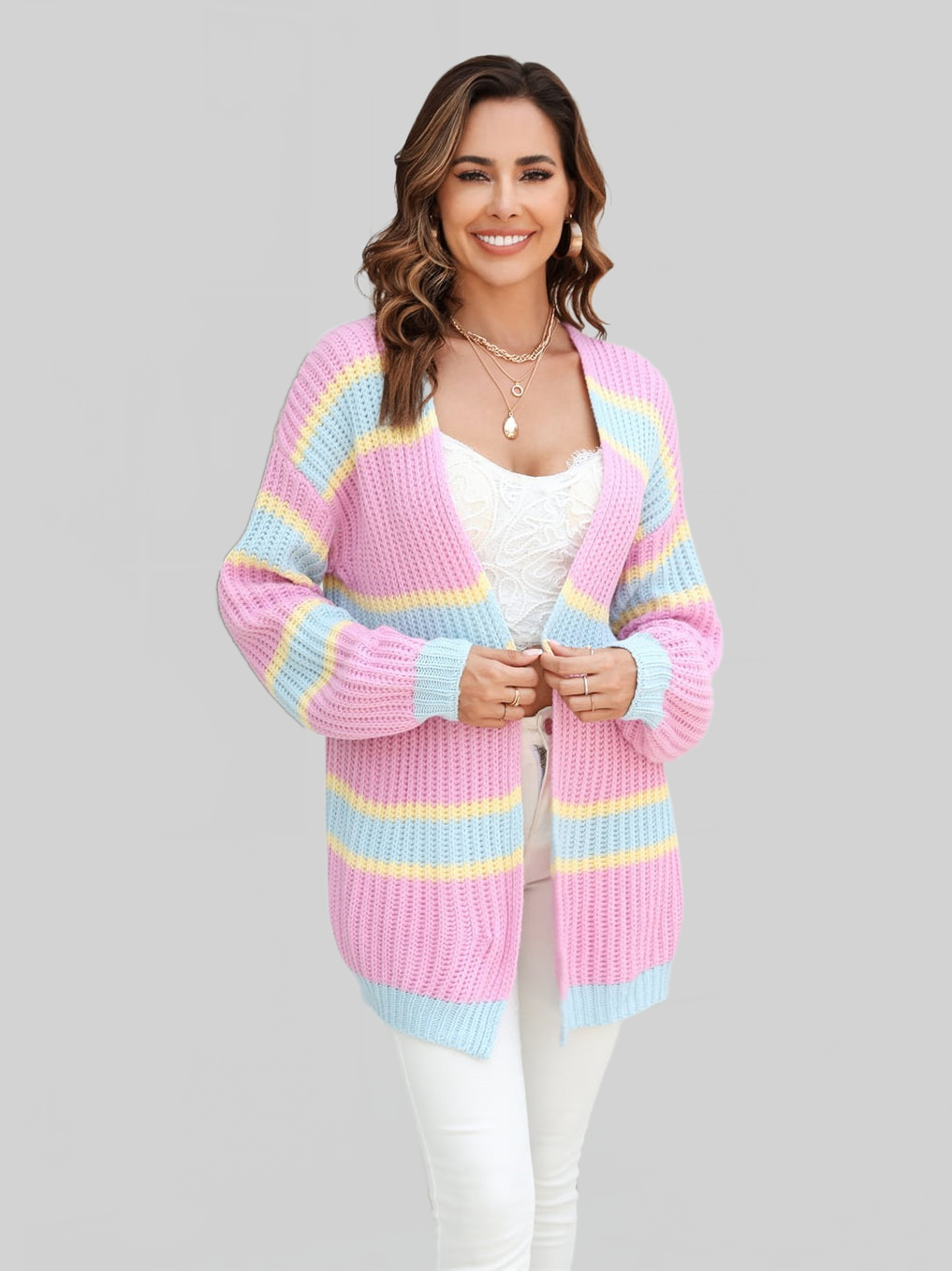 Angel Wings Color Block Ribbed Dropped Shoulder Open Front Cardigan nicholesgifts