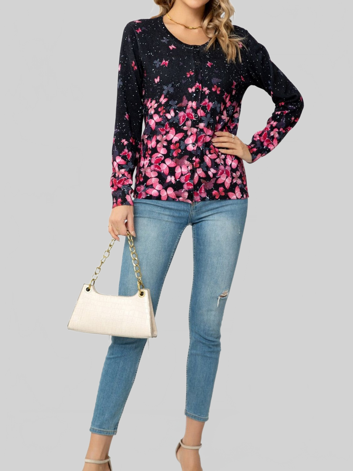 Woven Right Floral Button Front Round Neck Cardigan nicholesgifts