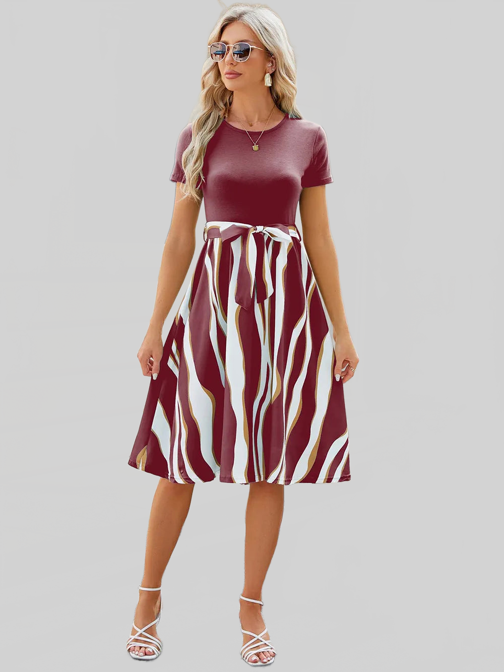 Printed Tie Waist Short Sleeve Dress nicholesgifts