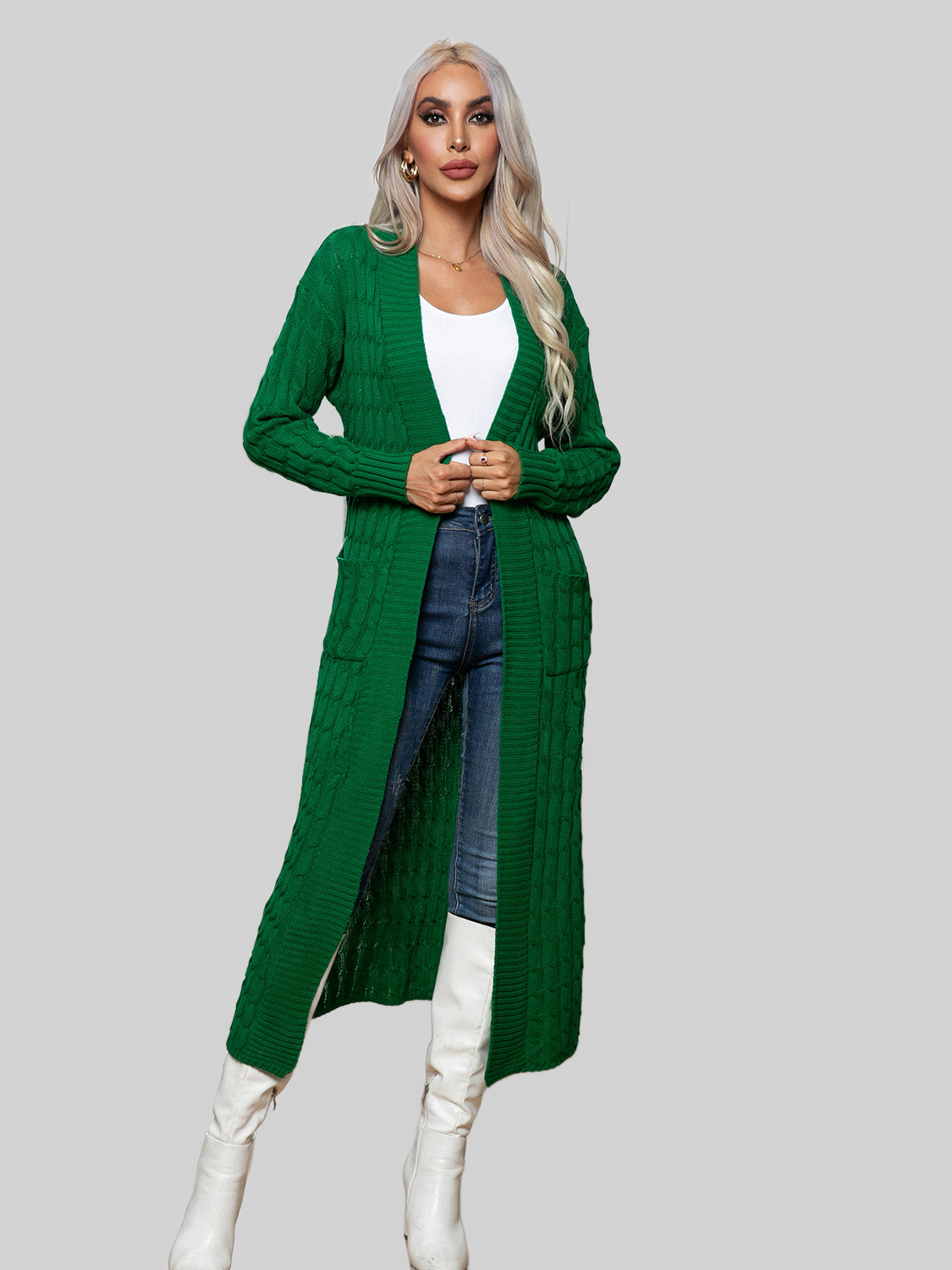 Women Cable-Knit Open Front Cardigan with Pockets nicholesgifts