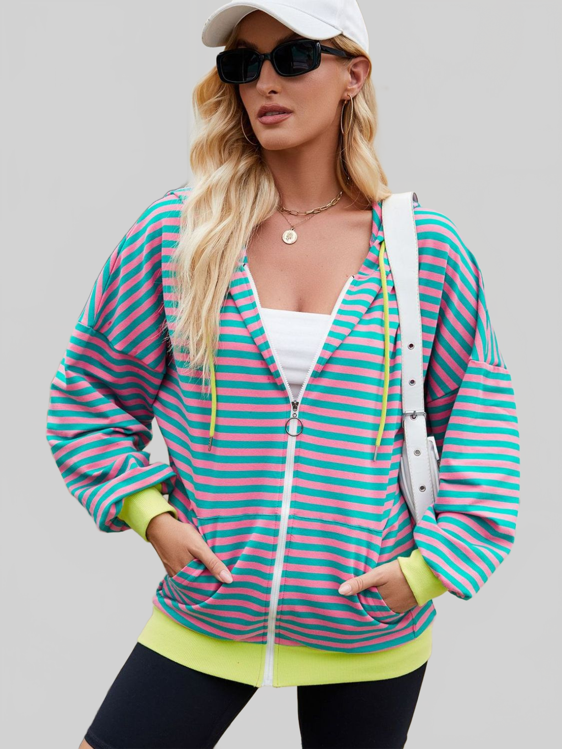Women Drawstring Striped Zip Up Long Sleeve Hoodie nicholesgifts