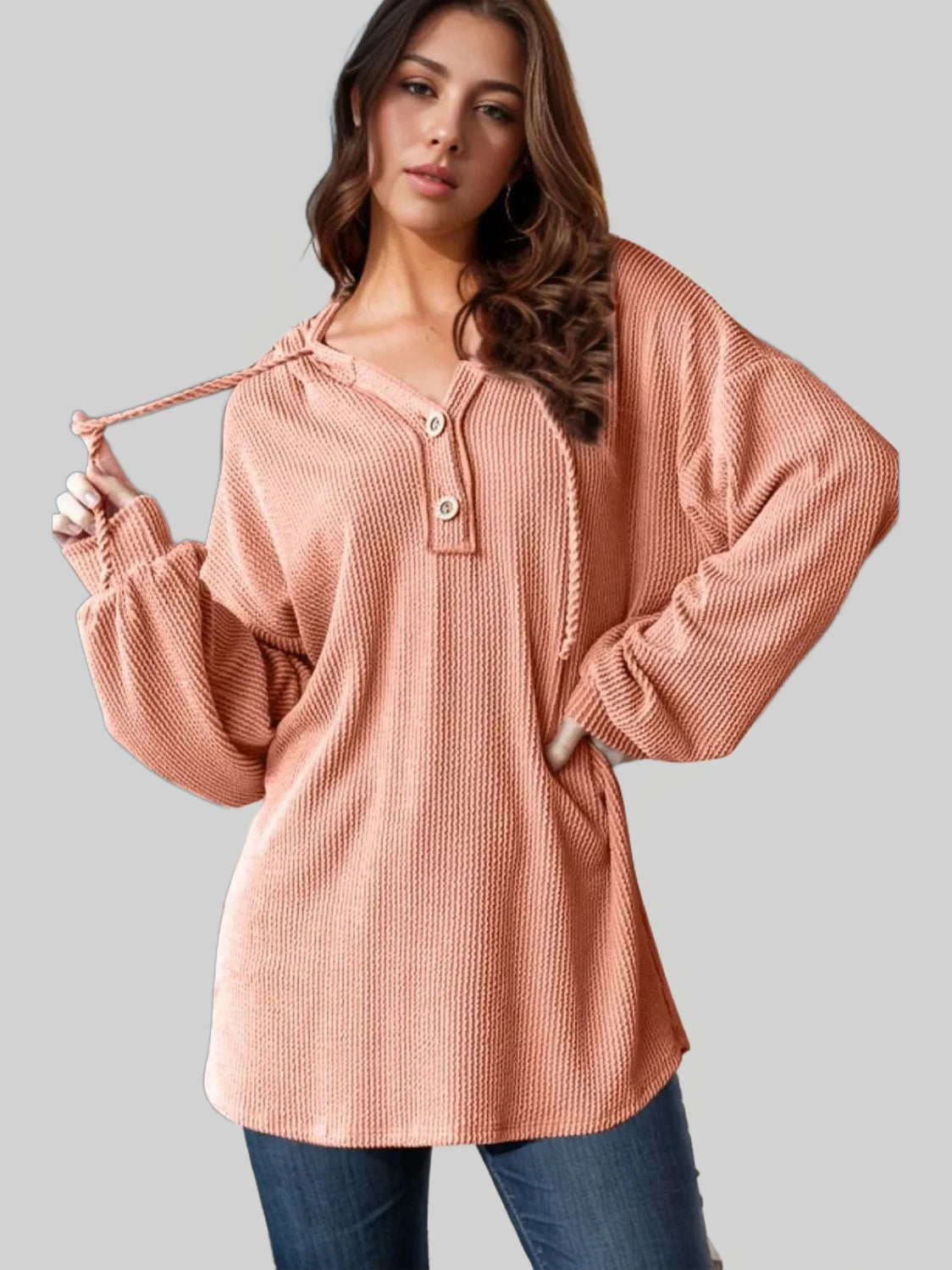 Double Take Full Size Half Button Long Sleeve Hoodie NicholesGifts