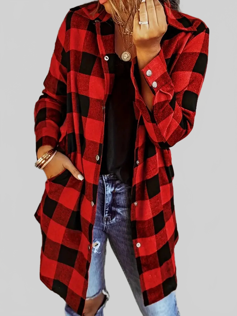 Plaid Collared Neck Snap Down Long Sleeve Jacket nicholesgifts