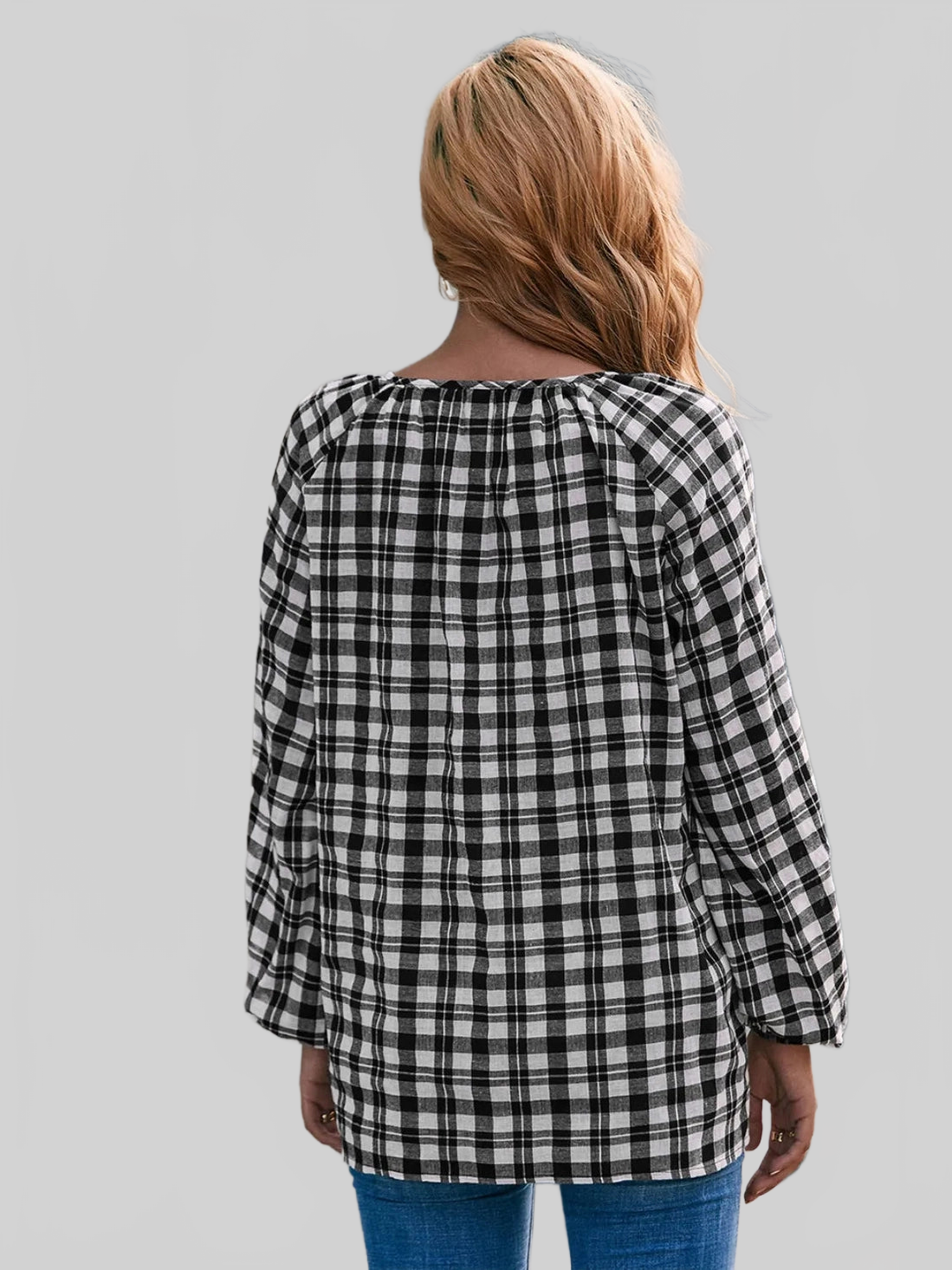 Ivy Lane Plaid Tie Neck Balloon Sleeve Blouse NicholesGifts