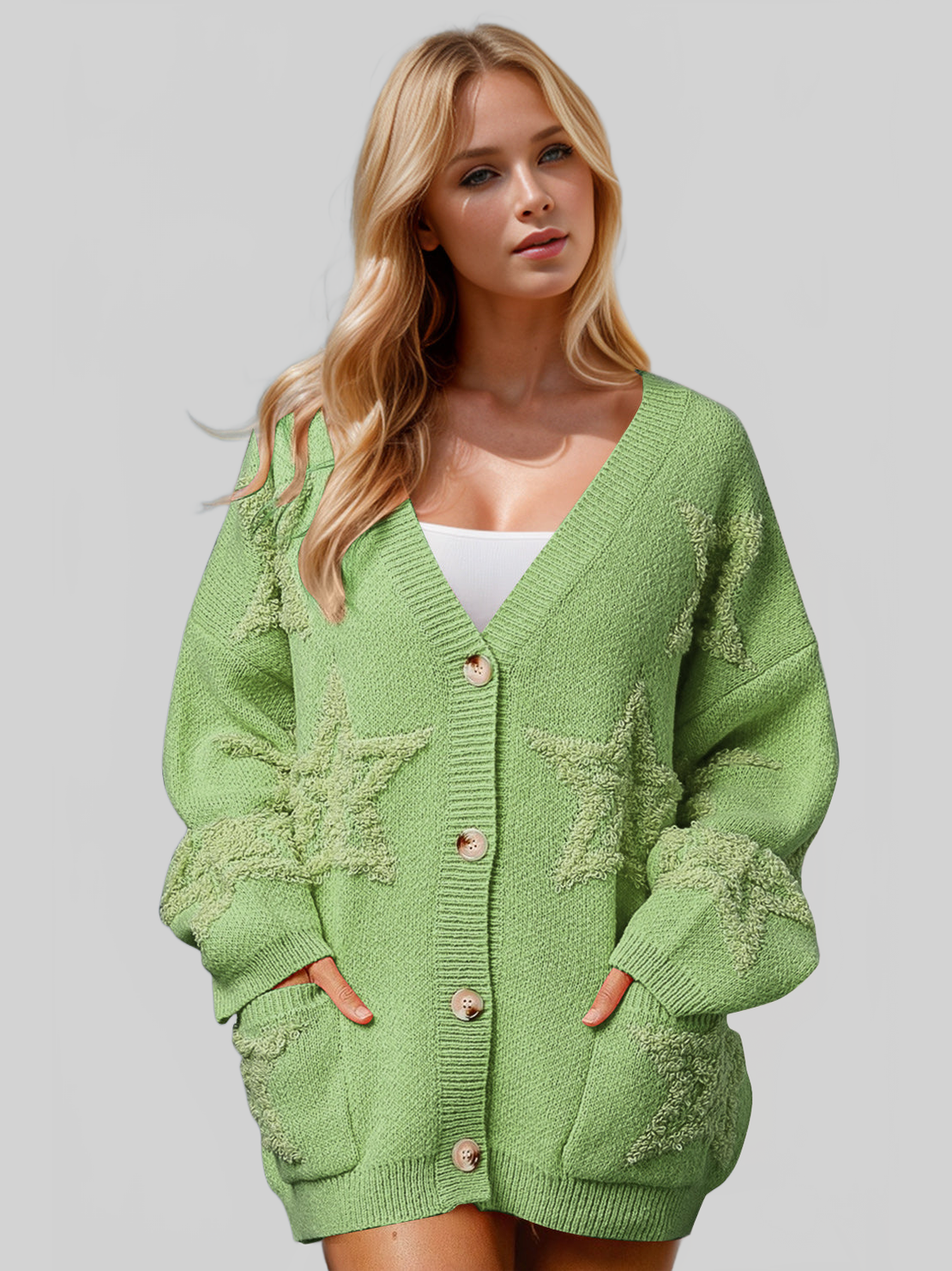 Women Double Take Full Size Button Up Star Pattern Cardigan Sweate nicholesgifts