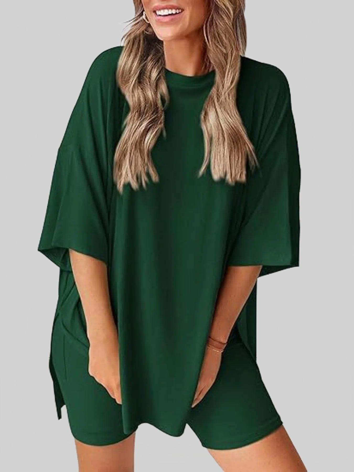 Full Size Oversized Slit Round Neck Top and Shorts Lounge Set Plus Size nicholesgifts