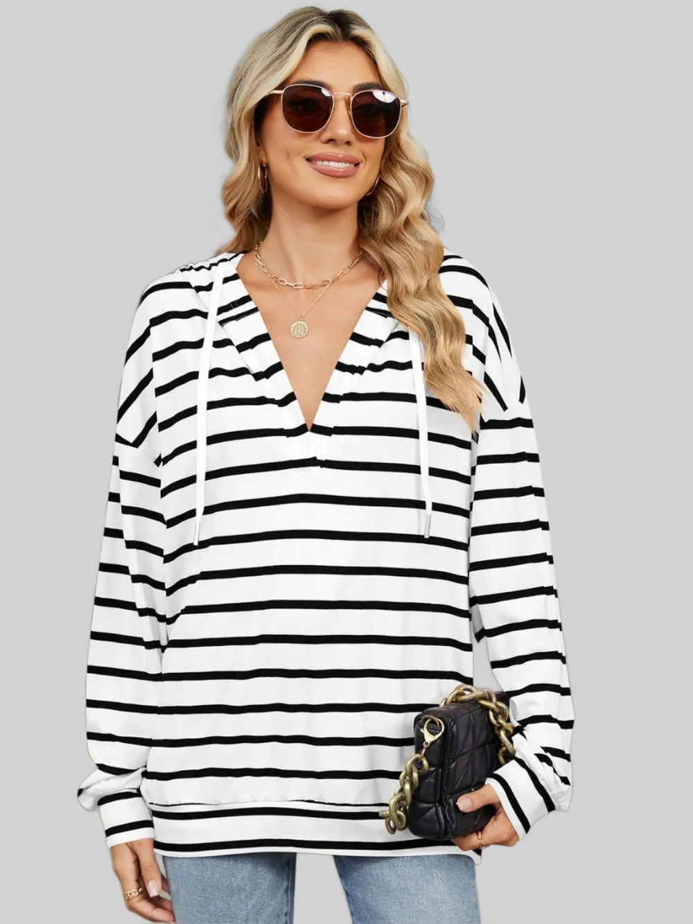 Drawstring Striped Long Sleeve Hoodie NicholesGifts