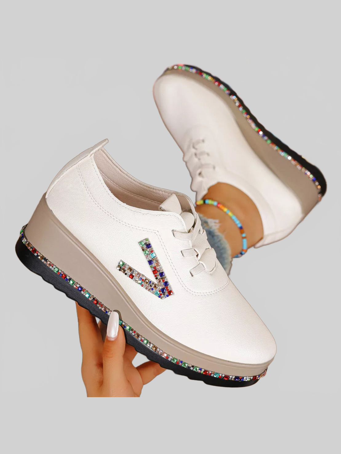 Women Rhinestone Round Toe Wedge Sneakers nicholesgifts