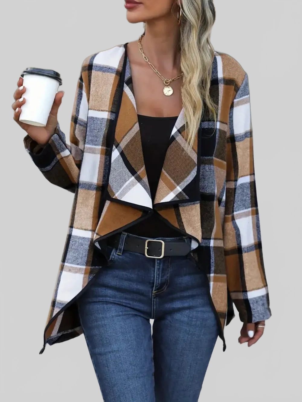 Plaid Open Front Long Sleeve Jacket nicholesgifts