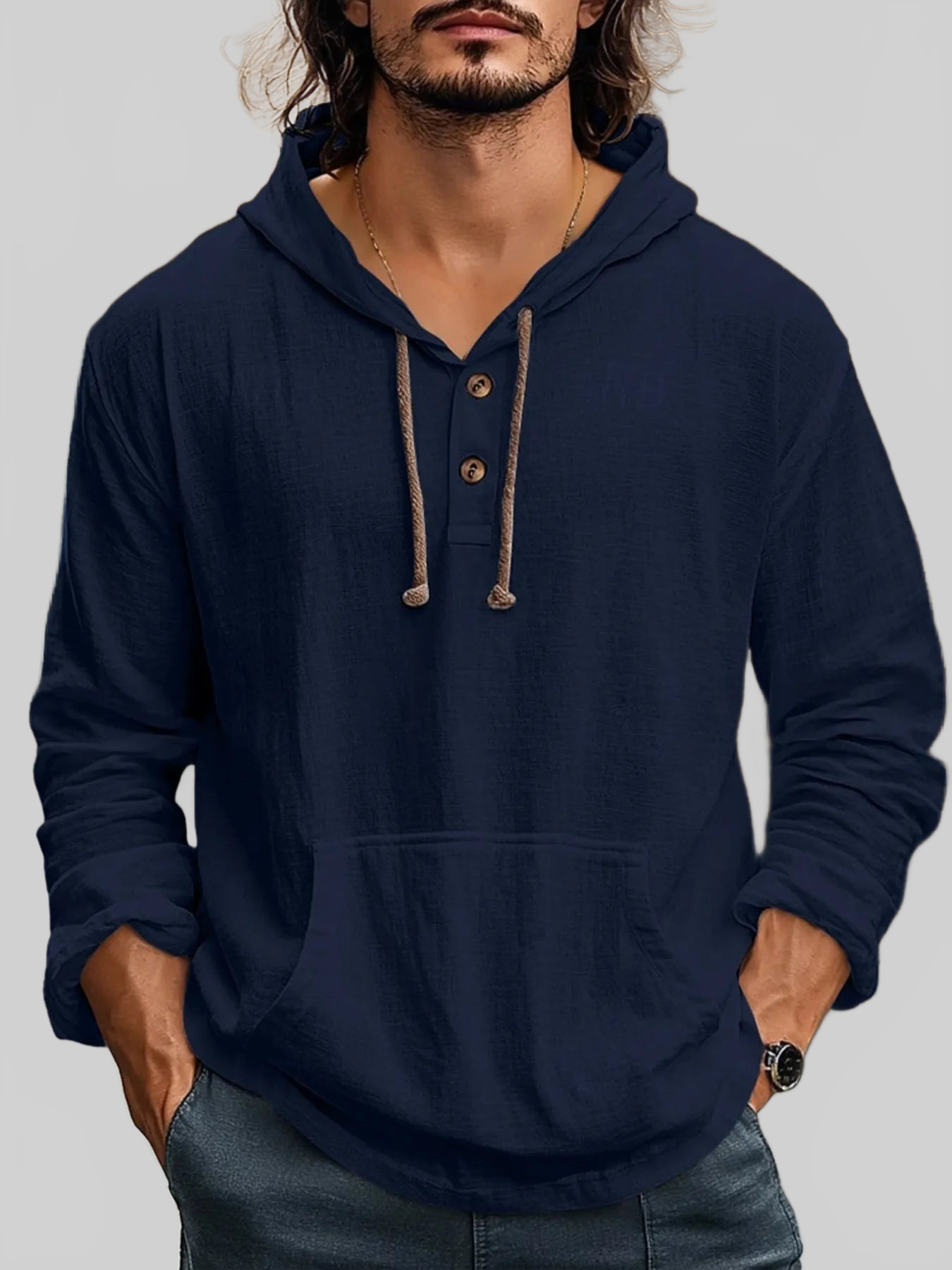 Men's Full Size Drawstring Long Sleeve Hoodie with Button Details Plus Size nicholesgifts