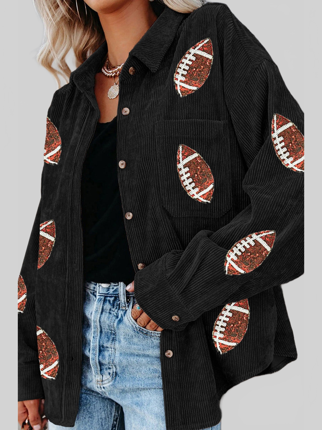 Sequin Football Button Up Long Sleeve Jacket NicholesGifts