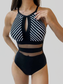 Women Mesh Detail Backless Striped One-Piece Swimsuit nicholesgifts
