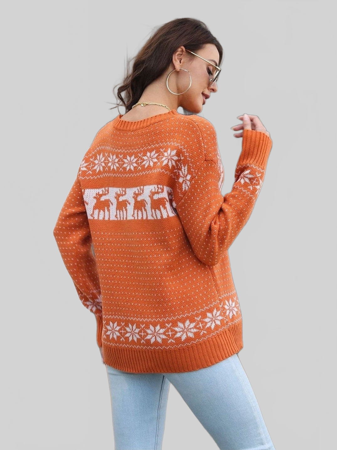 Women Reindeer & Snowflake Pattern Dropped Shoulder Pullover Sweater nicholesgifts