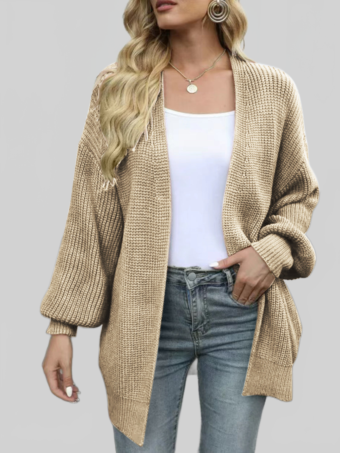 Drop Shoulder Balloon Sleeve Cardigan nicholesgifts