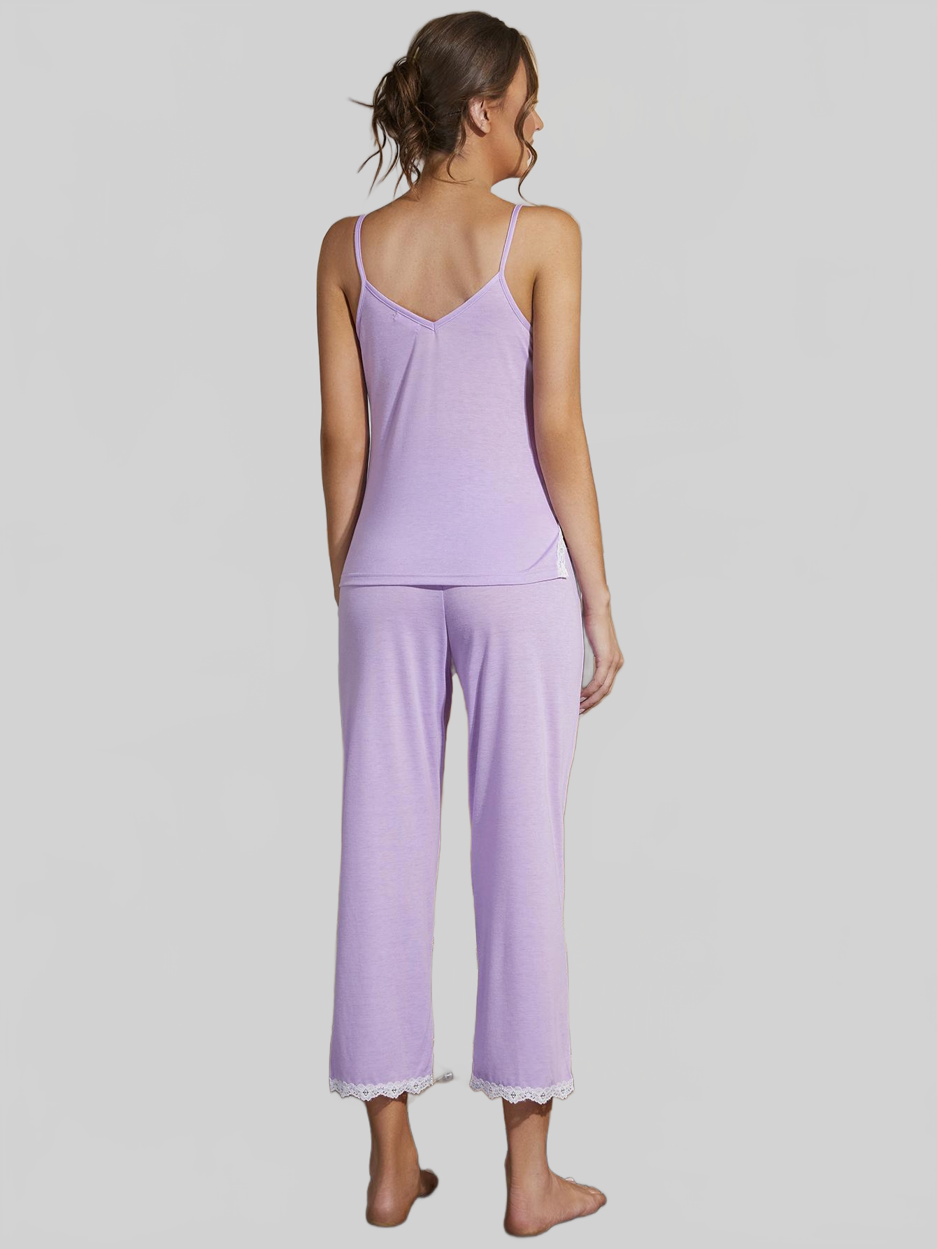 V-Neck Lace Trim Slit Cami and Pants Pajama Set nicholesgifts