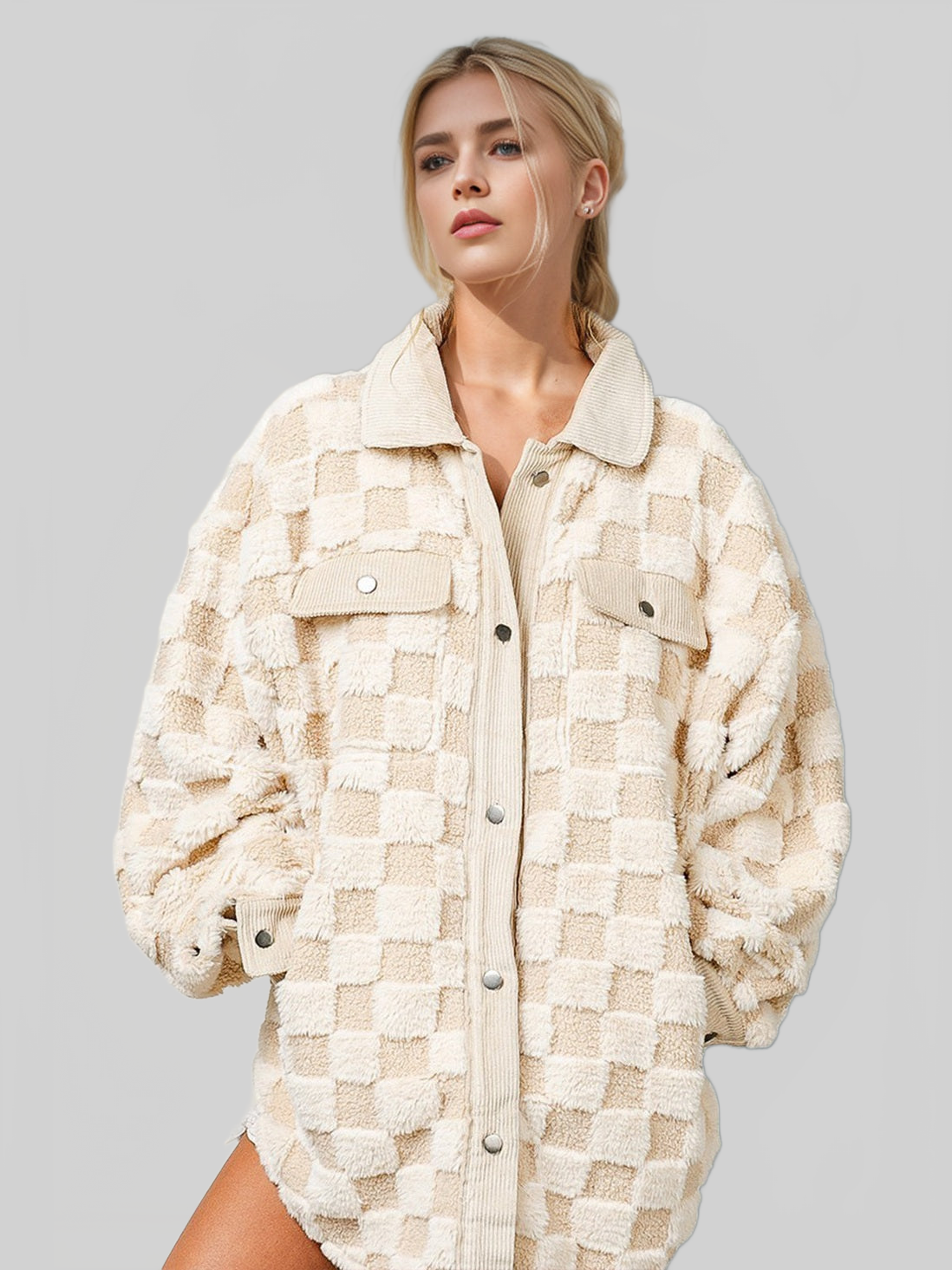 Women Double Take Button Up Fuzzy Checkered Shacket nicholesgifts