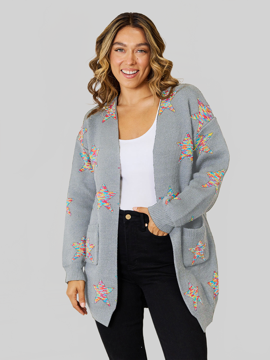 Women Angel Wings Star Pattern Open Front Cardigan with Pockets nicholesgifts