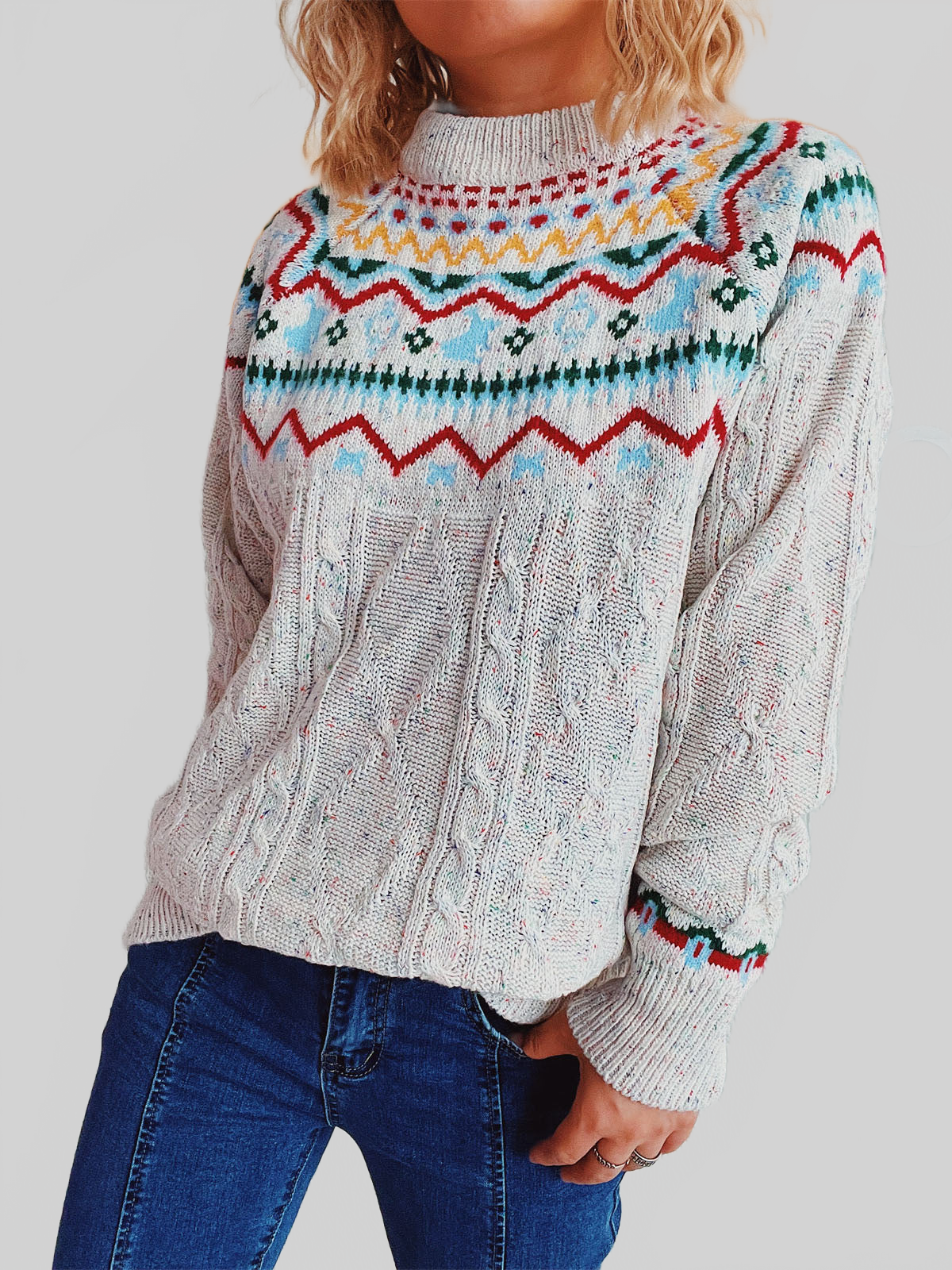 Women Cable-Knit Mock Neck Long Sleeve Sweater nicholesgifts