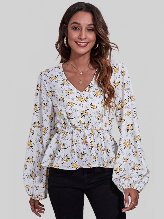 Women Floral V-Neck Balloon Sleeve Peplum Blouse NicholesGifts