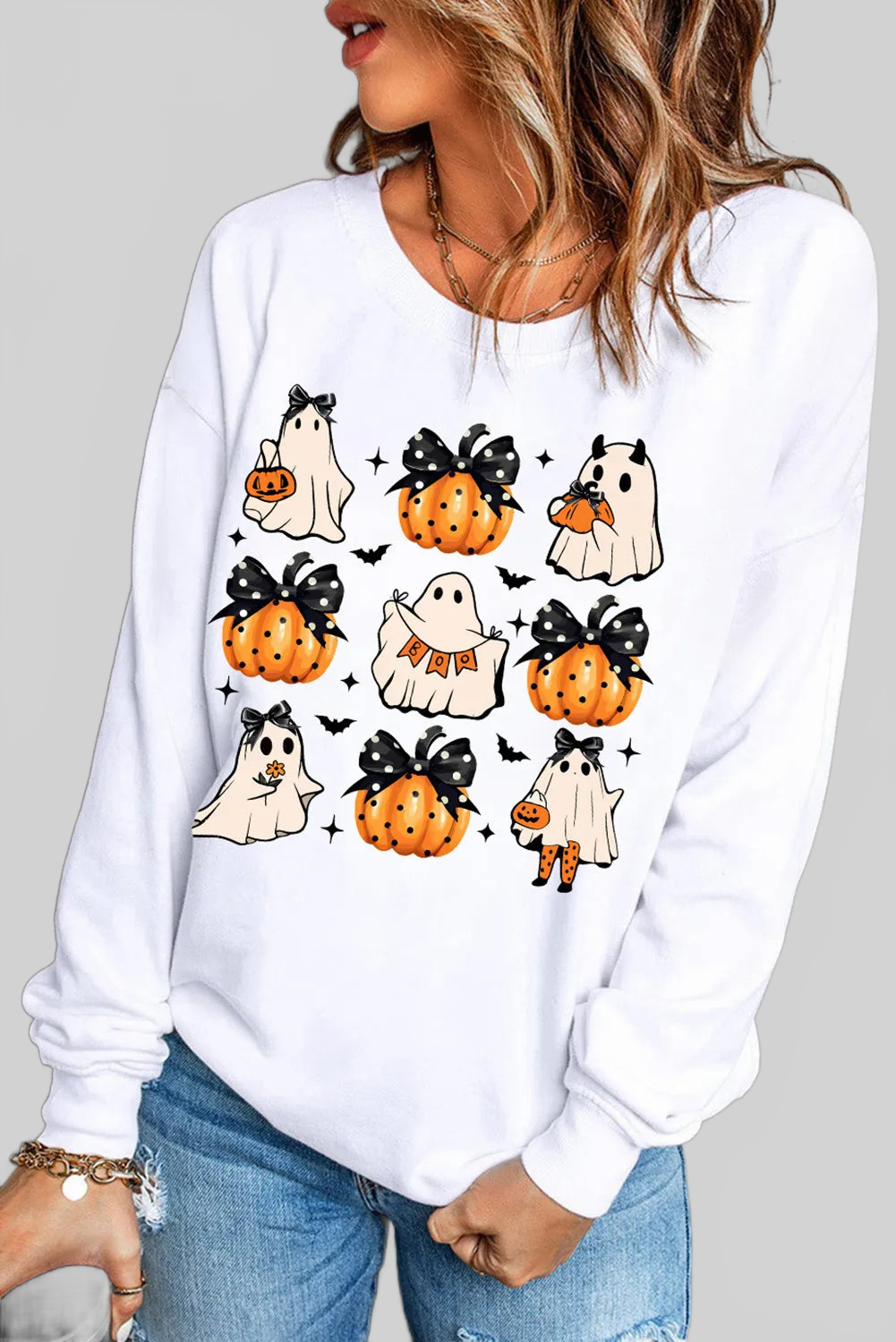 Pumpkin & Ghost Round Neck Long Sleeve Sweatshirt nicholesgifts