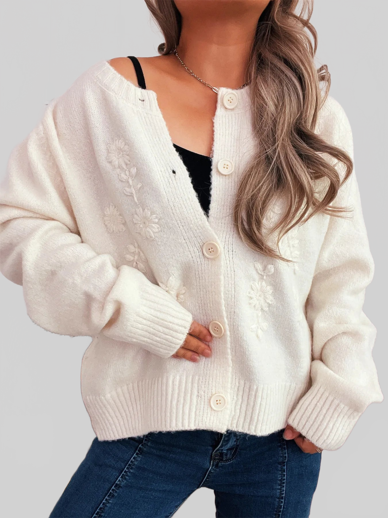 Flower Button Up Ribbed Hem Cardigan nicholesgifts