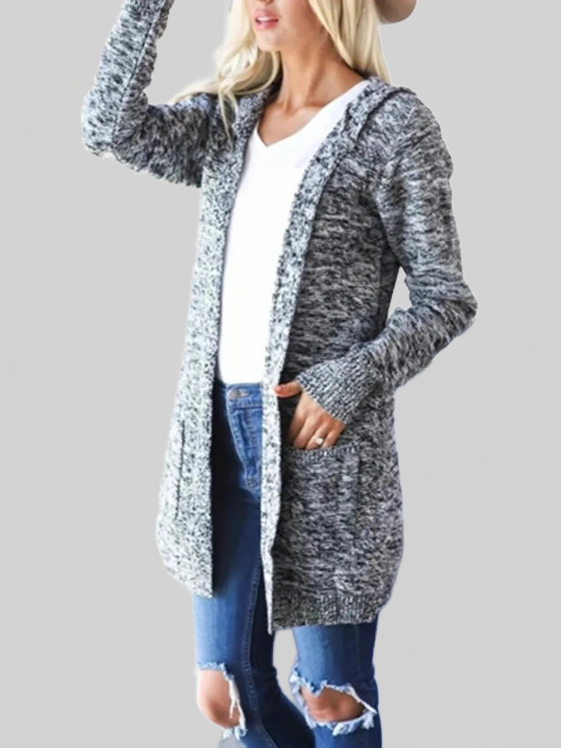 Women Heathered Open Front Cardigan with Pockets nicholesgifts