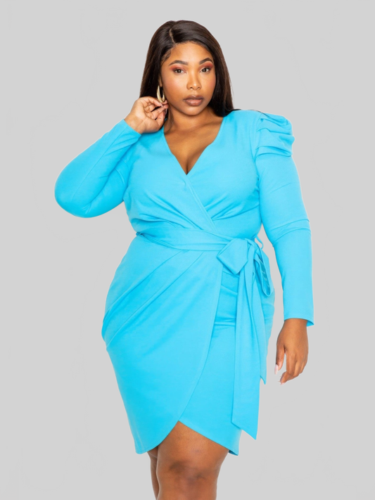 Women Padded Shoulder Wrap Midi Dress NicholesGifts