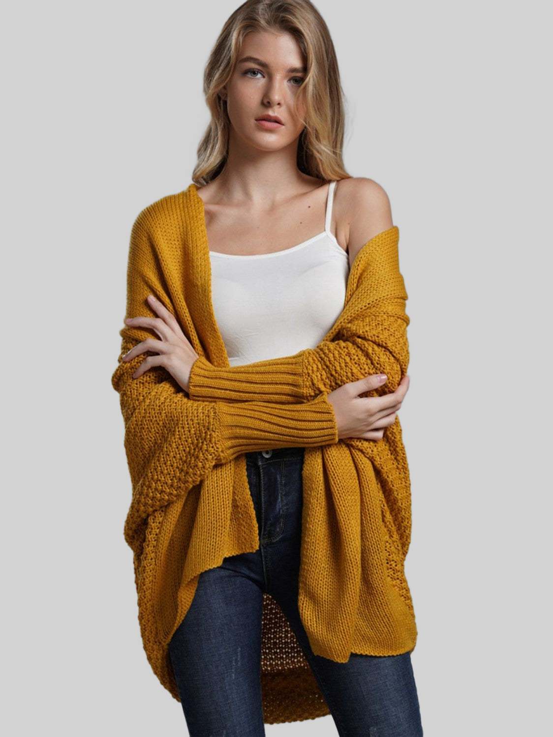 Dolman Sleeve Open Front Ribbed Trim Longline Cardigan nicholesgifts