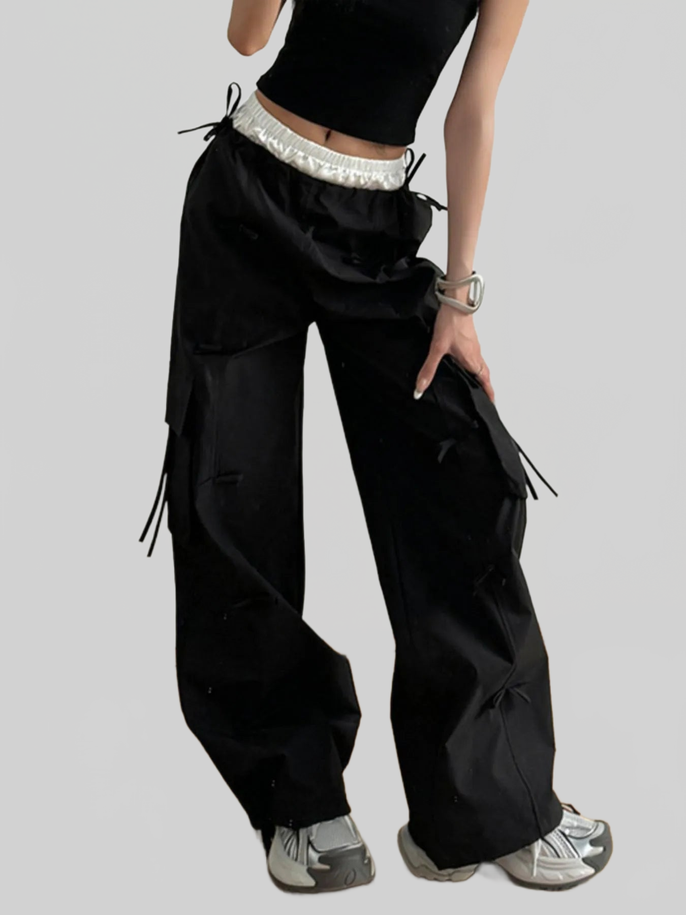 Women Bow Elastic Waist Cargo Pants nicholesgifts