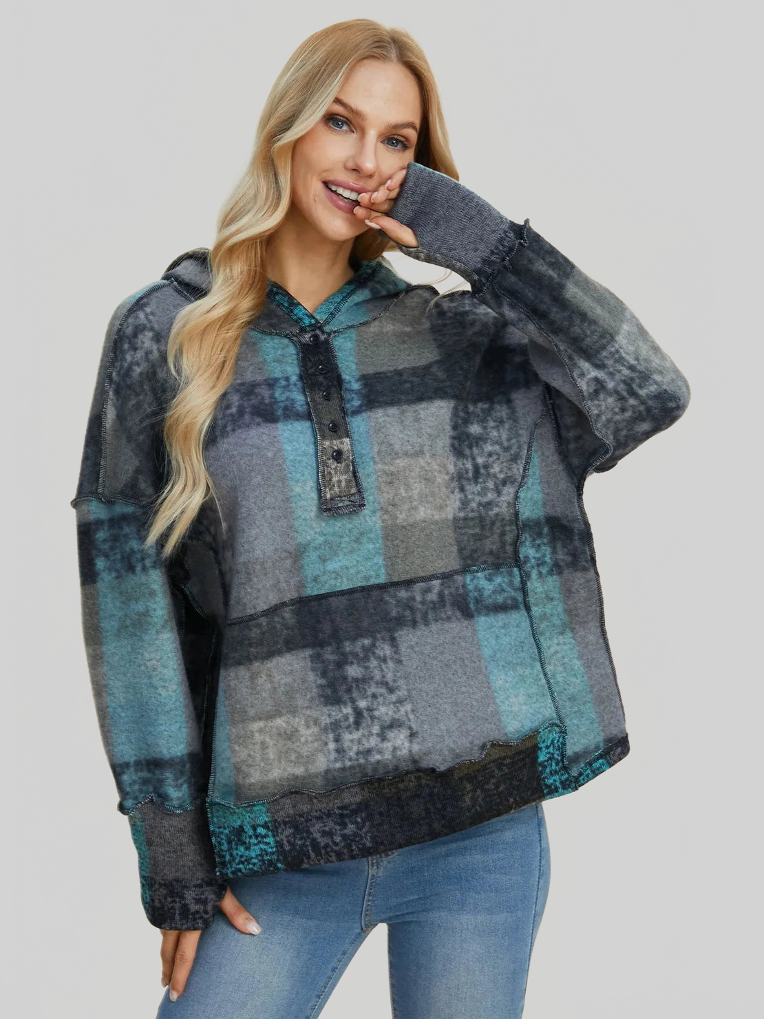 Double Take Full Size Plaid Dropped Shoulder Fleece Hoodie NicholesGifts