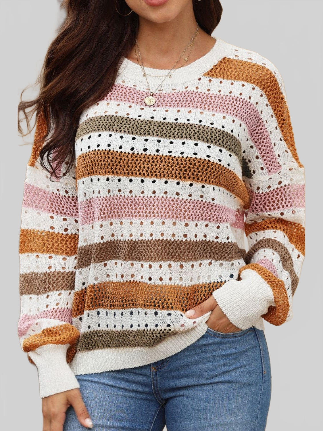 Women Striped Round Neck Hollowed Sweater NicholesGifts