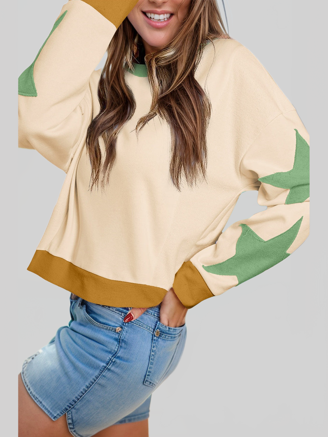 Women Star Contrast Round Neck Long Sleeve Sweatshirt nicholesgifts