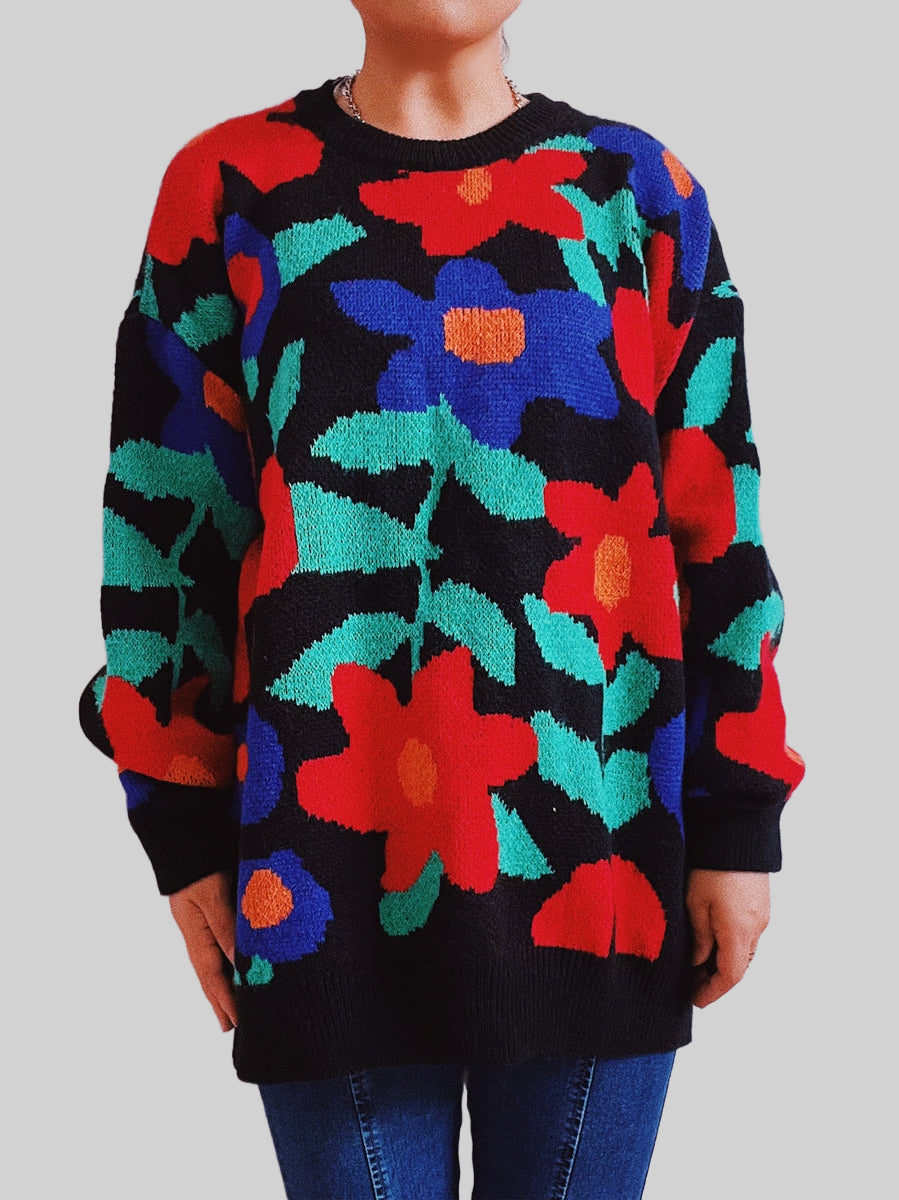 Floral Print Round Neck Drop Shoulder Sweater NicholesGifts