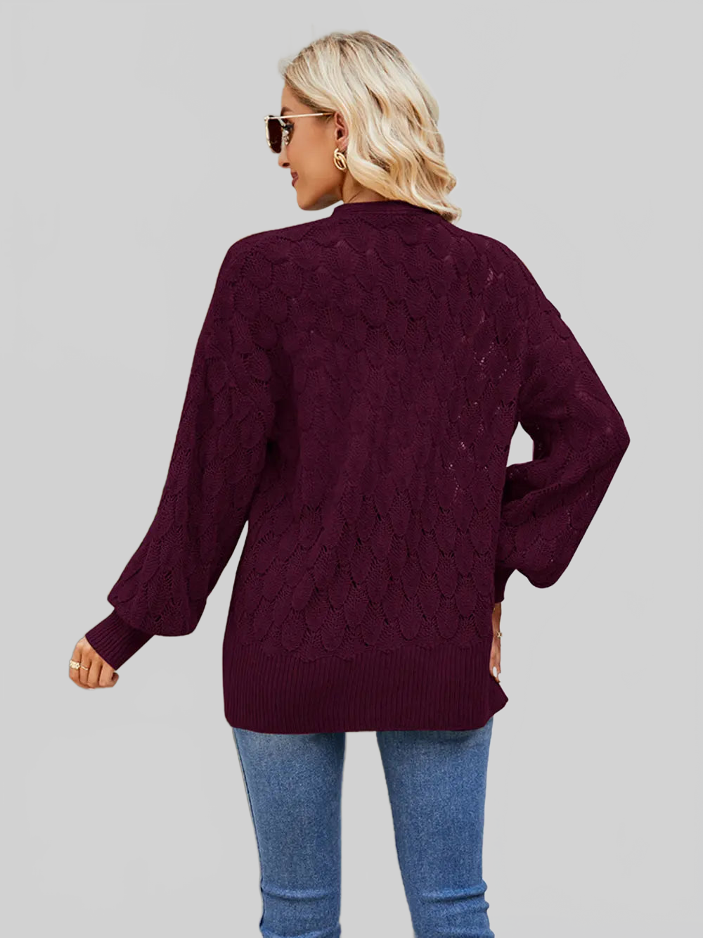 Women Openwork Open Front Lantern Sleeve Cardigan nicholesgifts
