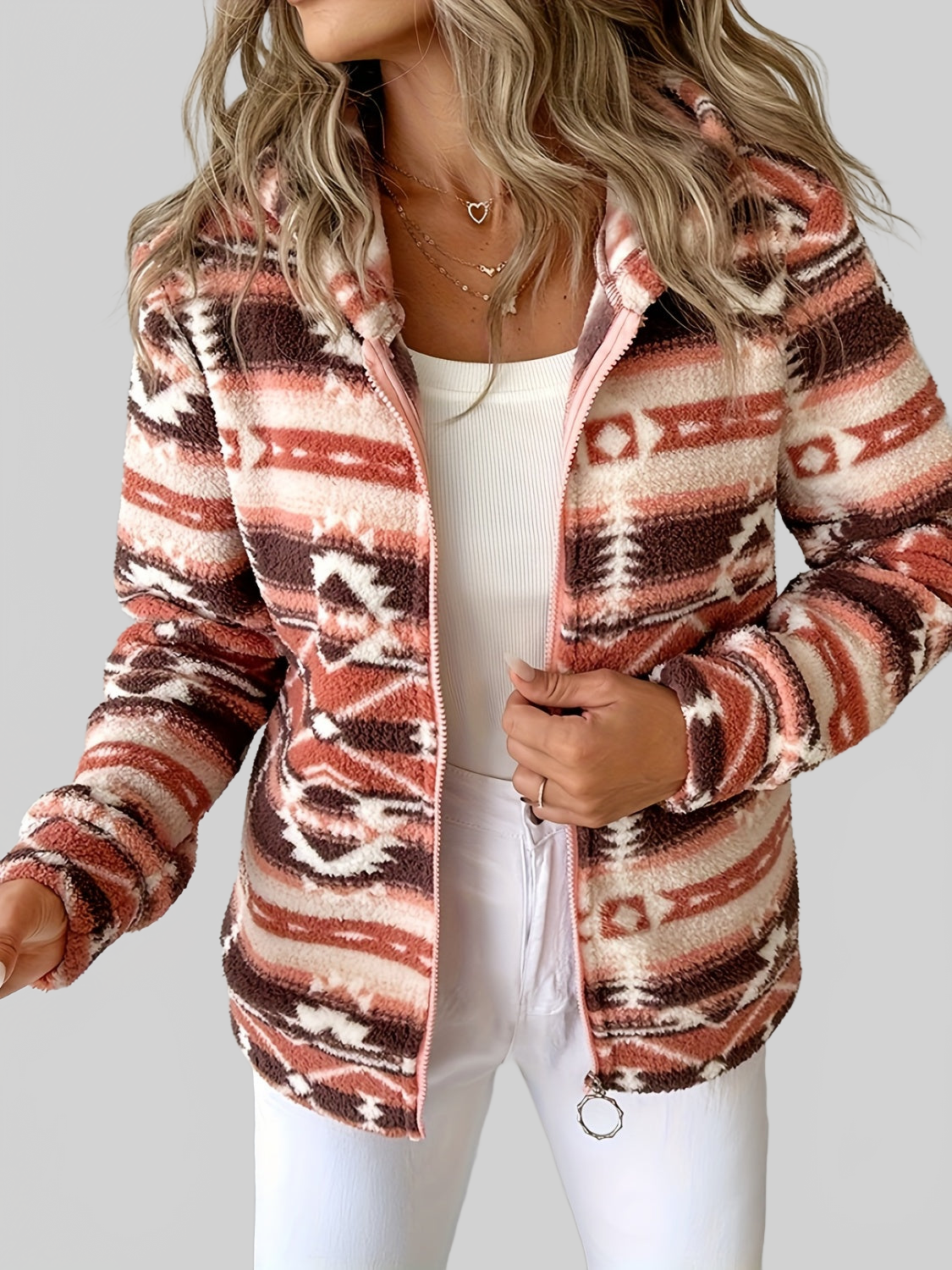 NicholesGifts Women Geometric Zip Up Long Sleeve Hooded Jacket NicholesGifts