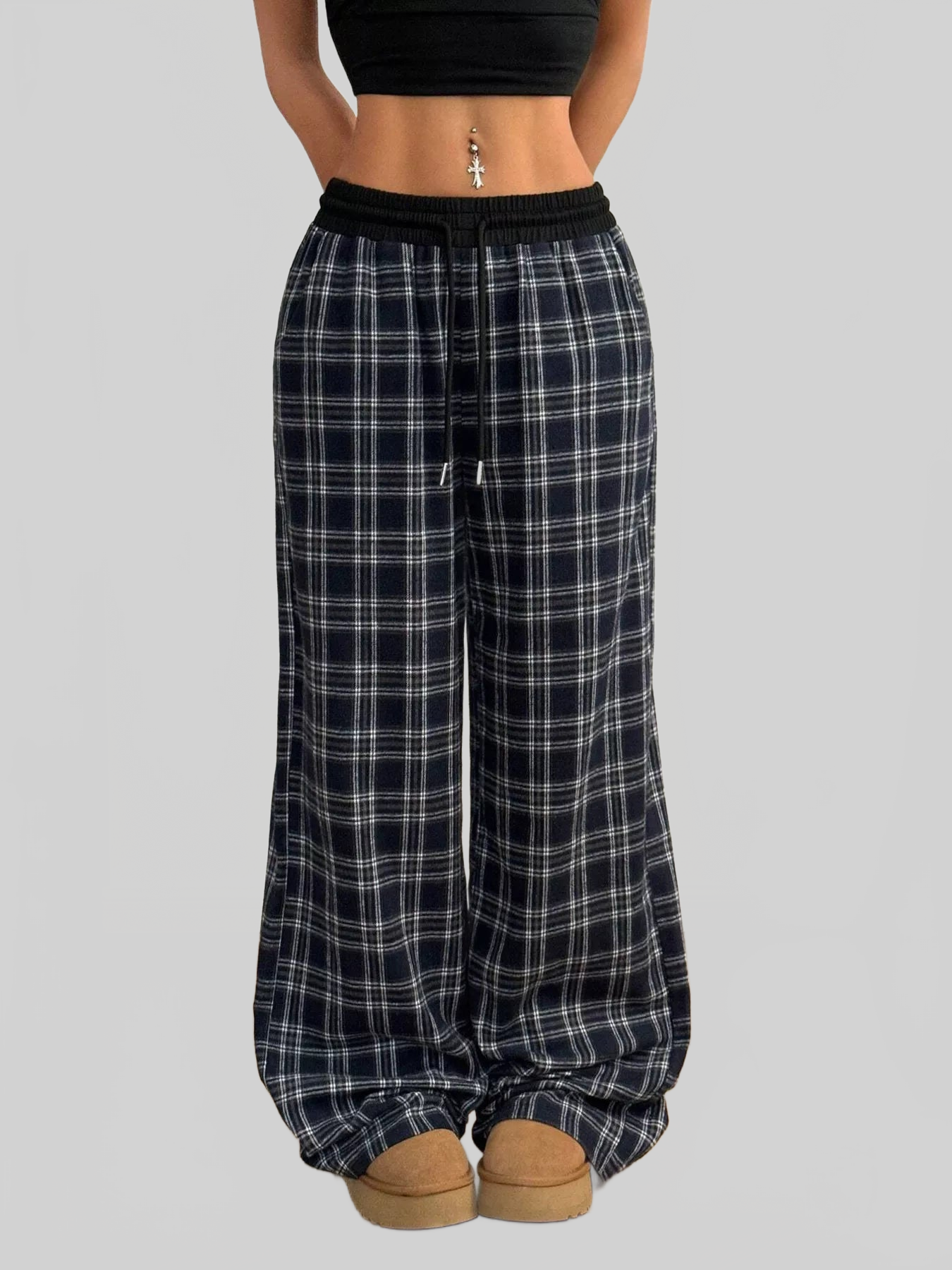 Women Plaid Wide-Leg Pants with Elastic Waistband nicholesgifts
