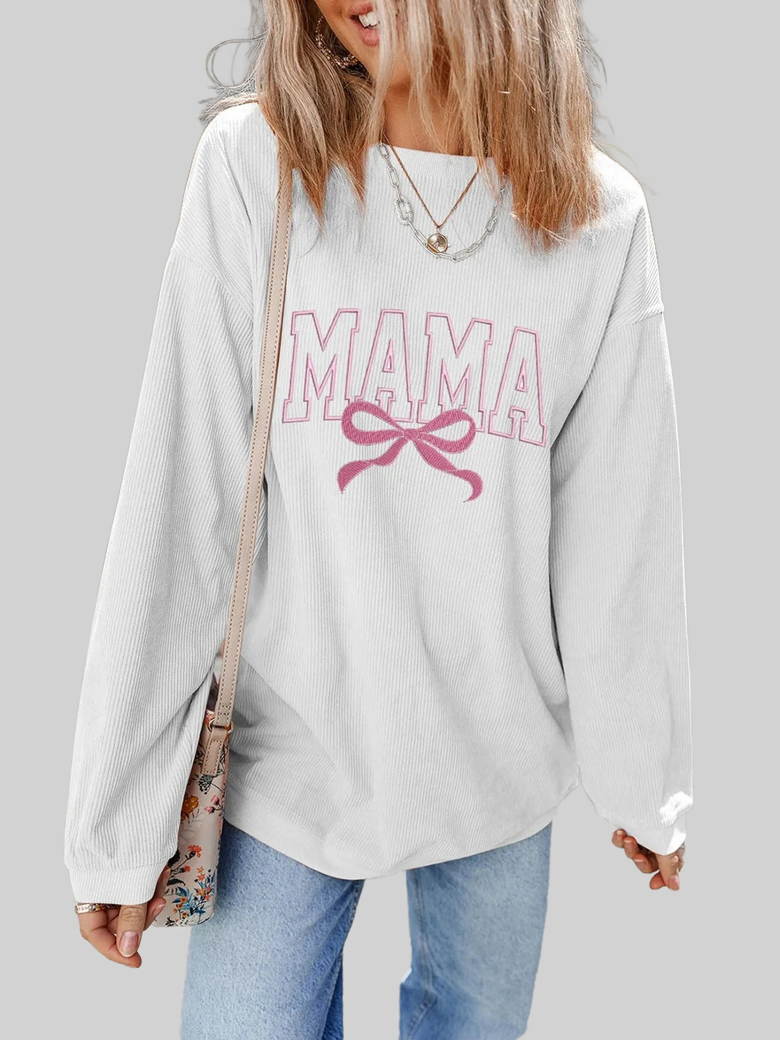 MAMA Bow Round Neck Long Sleeve Sweatshirt nicholesgifts