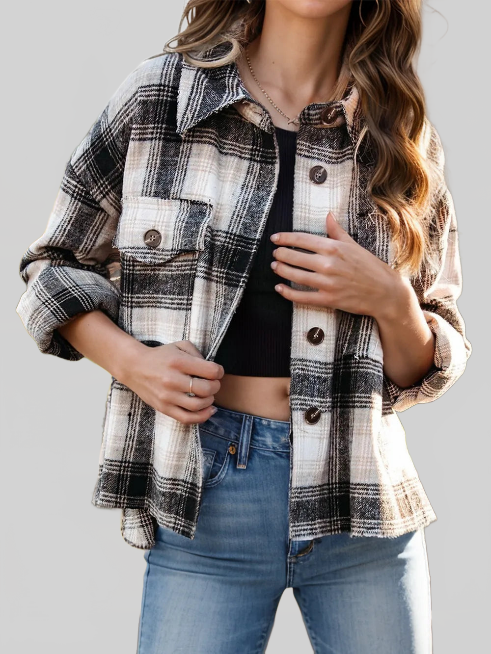 Pocketed Plaid Button Down Long Sleeve Shacket nicholesgifts